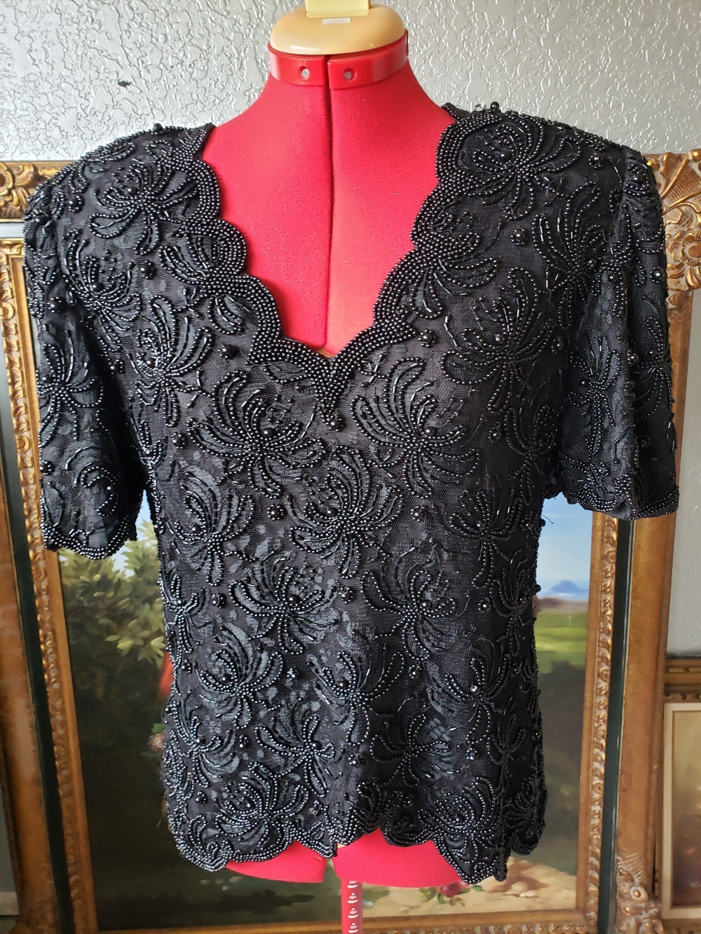 Laurence Kazar Black Beaded Lace Blouse